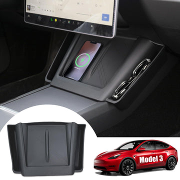 infinaware - Center Console Wireless Charging Pad with Side Pockets For Tesla Model 3 Highland